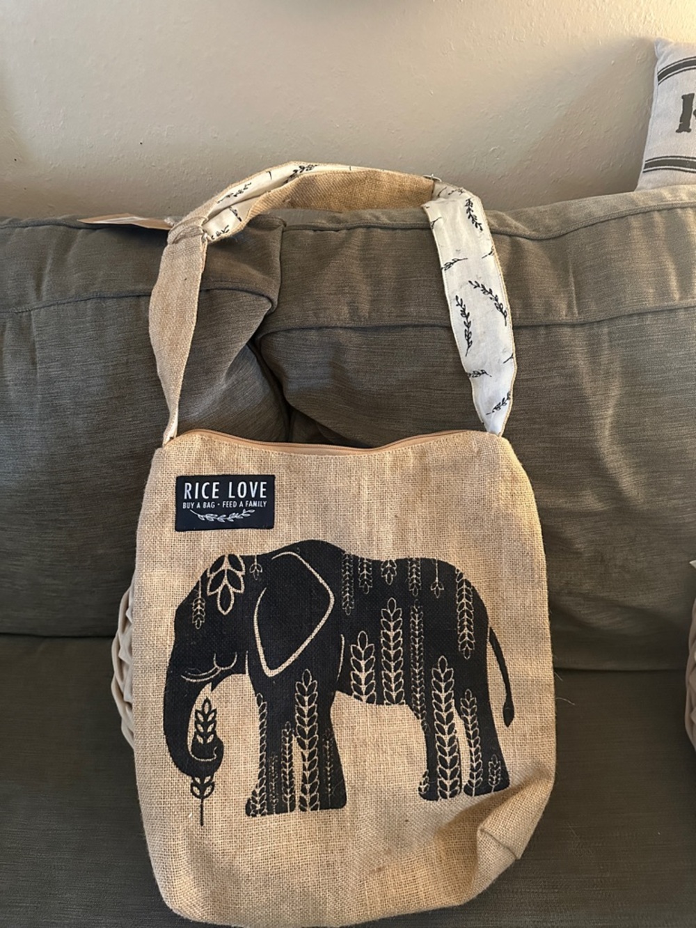 Rice Love Natural Burlap Elephant Tote Bag - Black Print